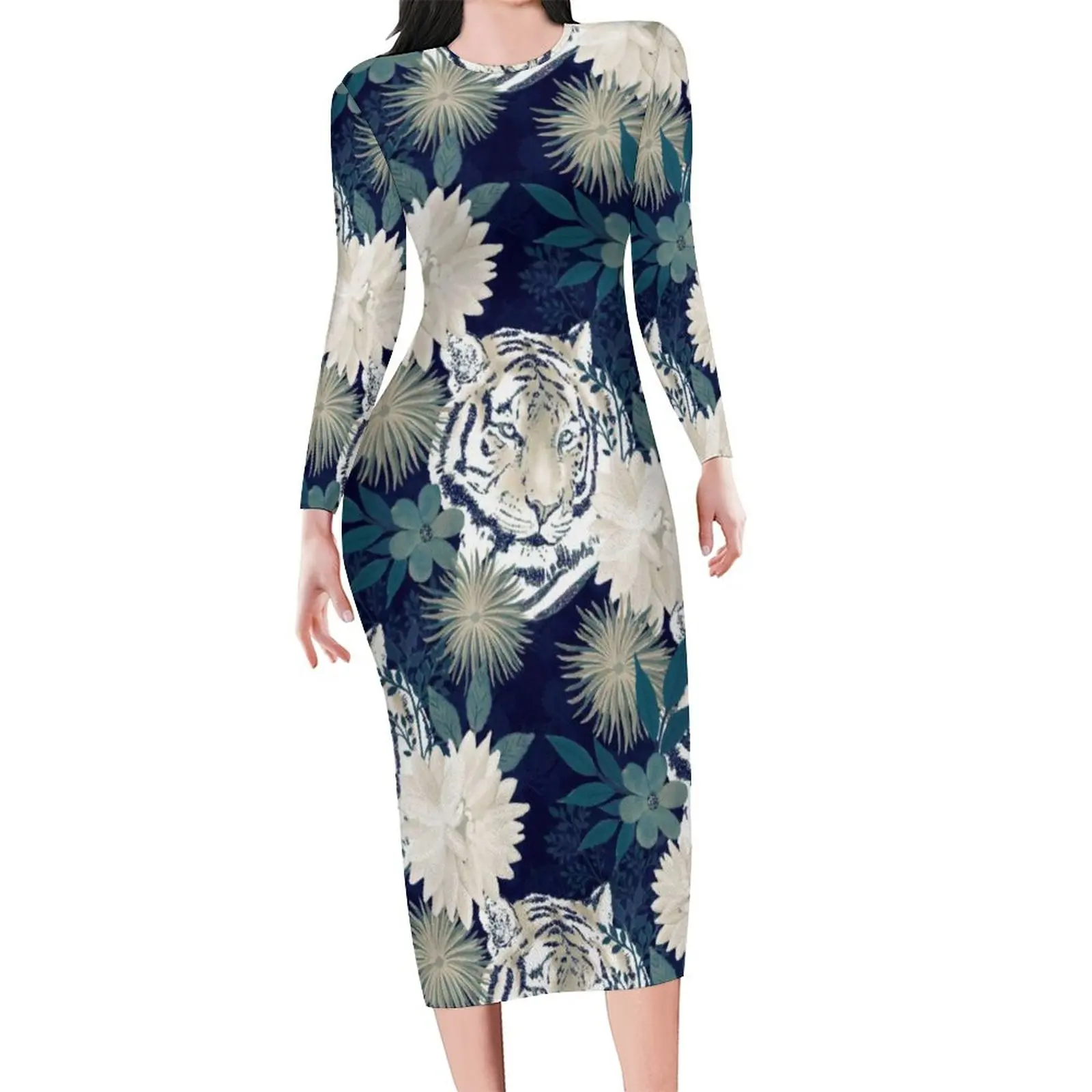 العصرية النمر الحيوان Bodycon فستان الربيع المائية الأزهار الأزرق فساتين أنيقة المرأة طويلة الأكمام مخصص الشارع الشهير فستان 5XL