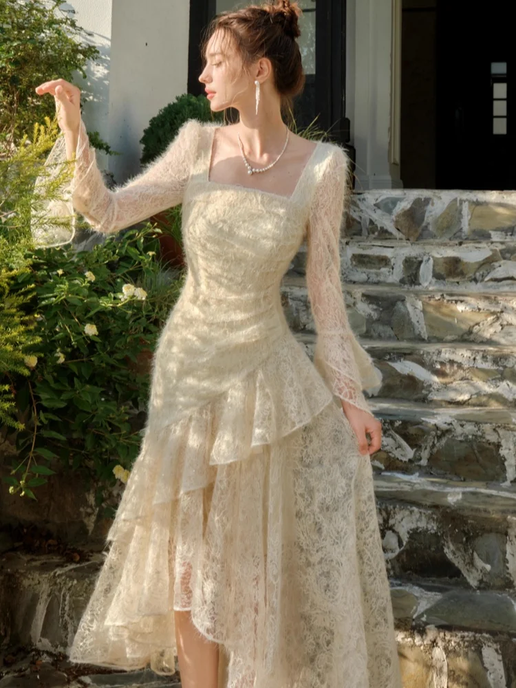 Women Vintage Fuzzy Lace Party Dress Autumn Ruffles Long Sleeve Squaer Neck Slim A-line Evening Prom Mujer Wedding Guest Dresses