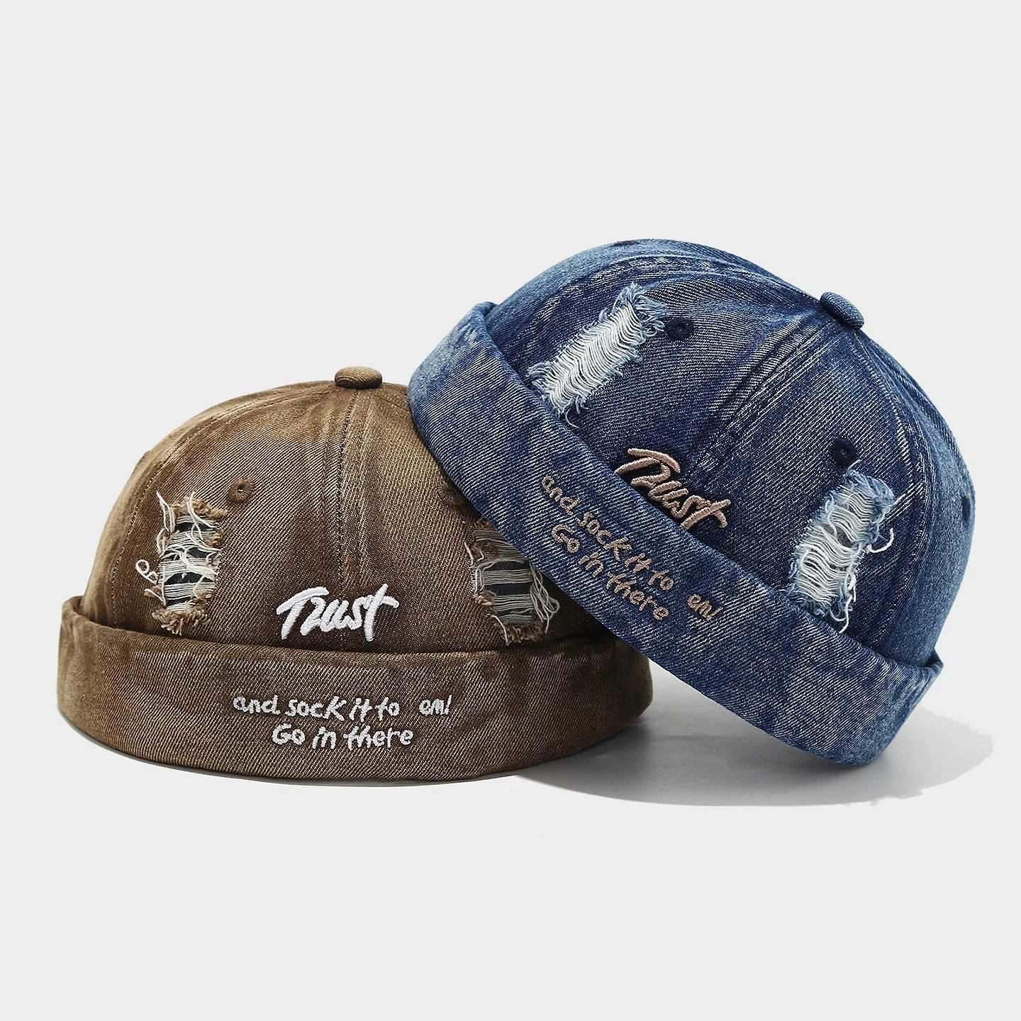 Vintage Distressed Ripped American Skullcap for Men & Women Washed Denim Beret Cap Trust Embroidery Cuff Brimless Landlord Caps