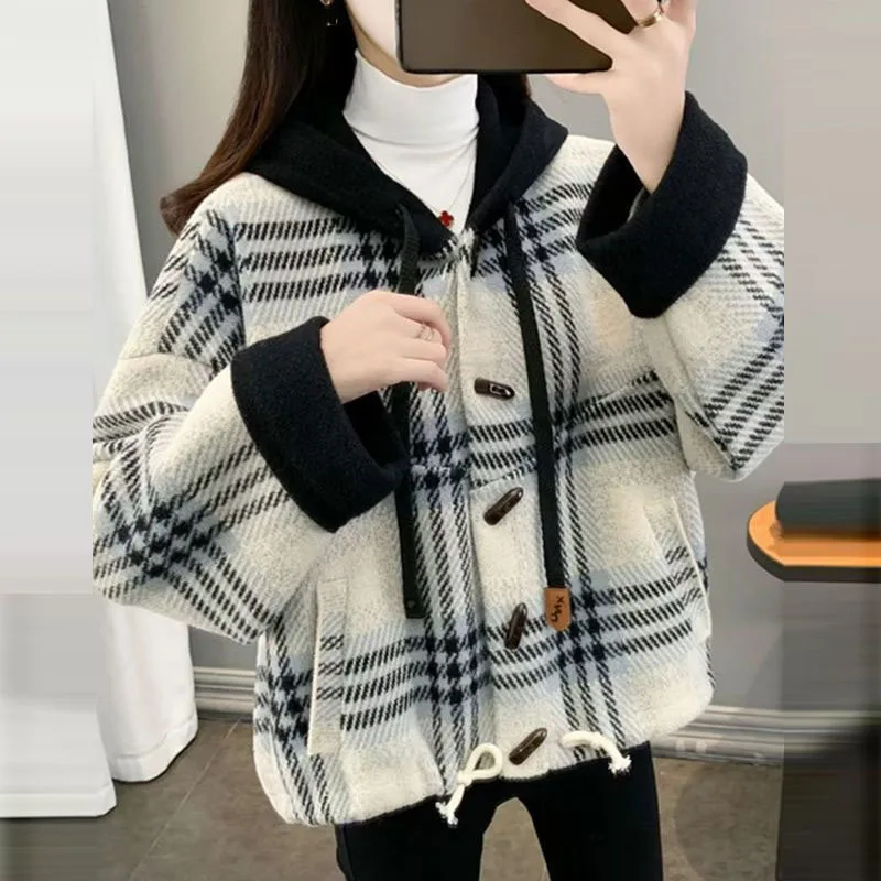 Winter Women Large Size 4XL Pocket Woolen Tops Autumn Female Fashion Checkered Horn Buckle Coat Lady High-end Hooded Wool Jacket