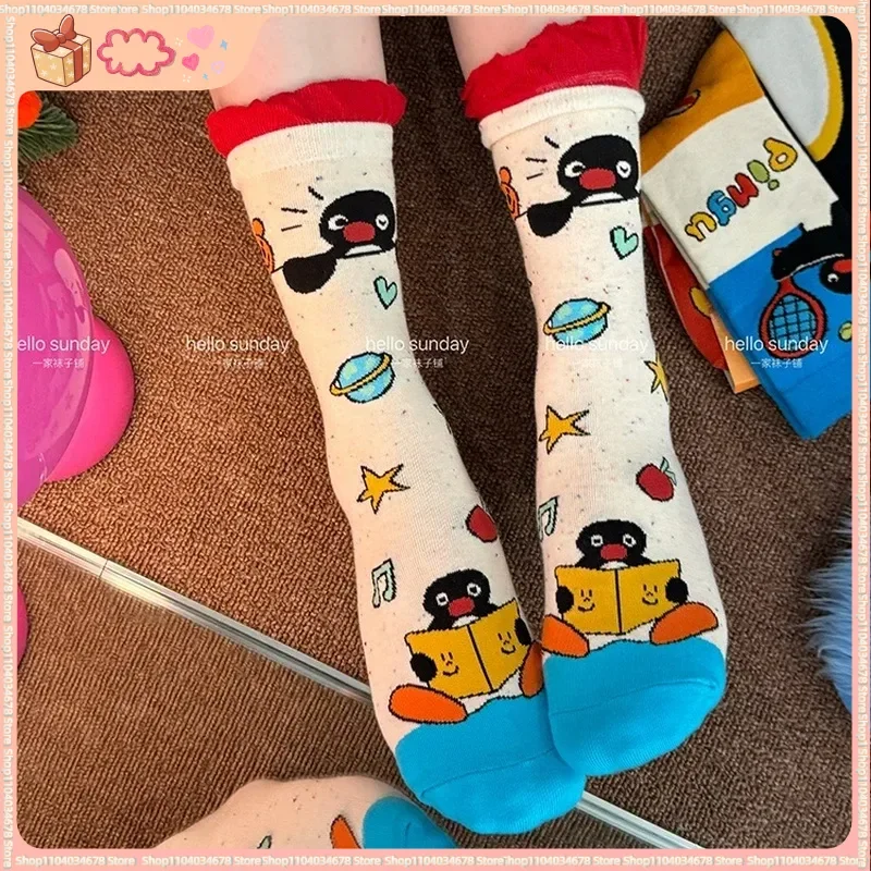 New 3/4 Pairs Pingu Medium Length Socks Women Cartoon Autumn Winter Casual Breathable Soft Fashionable Kawaii Girls Socks Gifts
