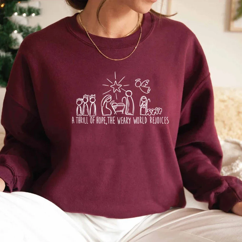 Christian Christmas Sweatshirt Nativity Scene Sweater Christmas Nativity Hoodie Women Sweatshirts Jesus Pullover Religious Gifts