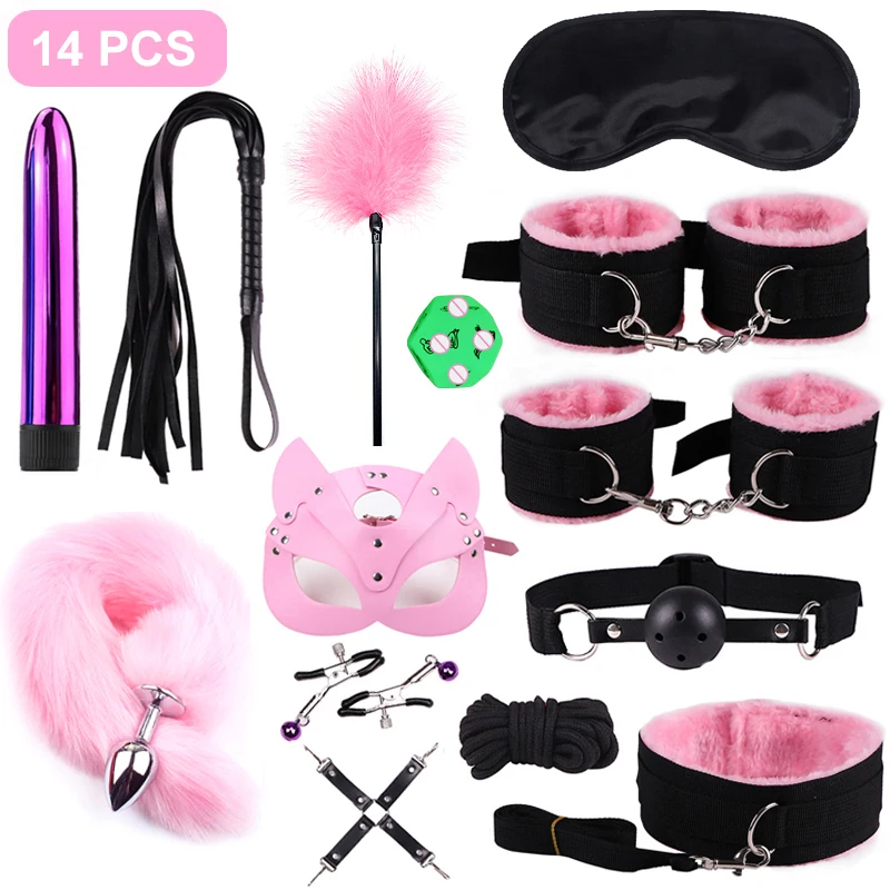 Bondage SM BDSM14pcs Set Adults Sex Toys For Women Men Handcuffs Nipple Clamps Whip Spanking Sex Metal Anal Plug Vibrator Butt