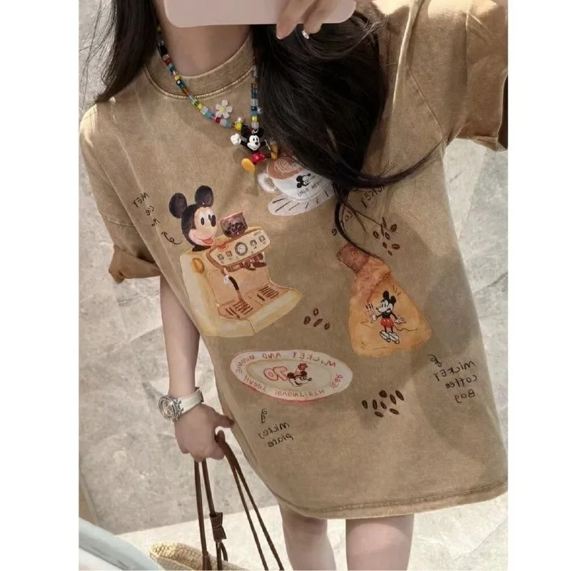 

Age Reducing Washed Khaki Mickey Print Summer New Slim Short Sleeved Loose Oversized T Shirt Maillard Top Vintage Women Clothes