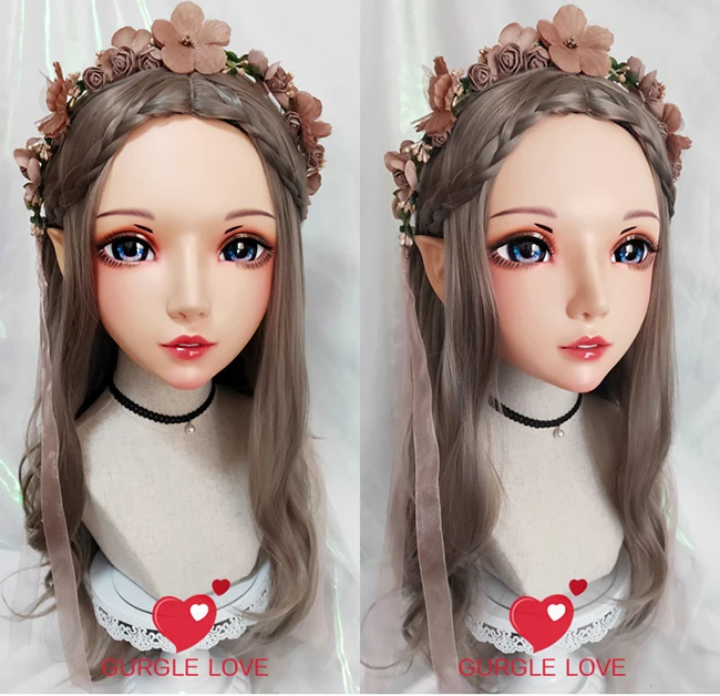 (Er-10)Female Sweet Girl Resin Half Head Kigurumi BJD Eyes Crossdress Cosplay Japanese Anime Role Lolita Mask With Fairy Ear