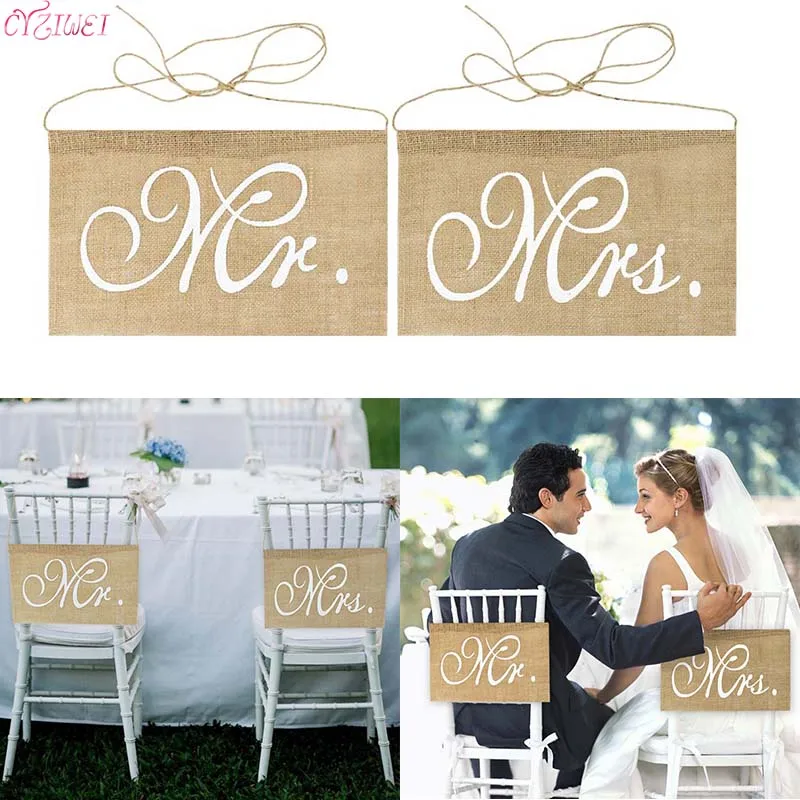 

2Pcs/set Mr and Mrs Burlap Chair Banner Set Chair Sign Garland Rustic Groom Bride Burlap Photo Props Wedding Party Decoration