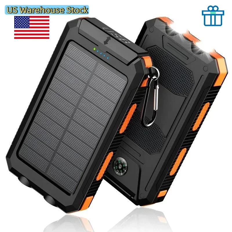 Outdoor Solar Power Bank 10000mAh Compass Flashlight Waterproof USA Shipped