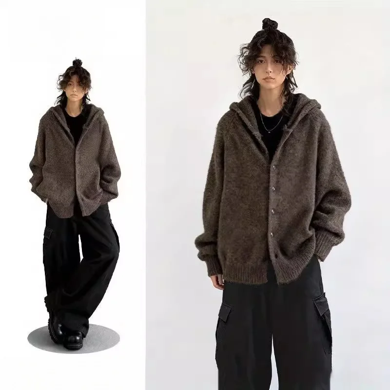 

Ретро японский тяжелый свитер с капюшоном на пуговицах для глаз, вязаный свитер, мужской осенне-зимний теплый ленивый кардиган, пальто