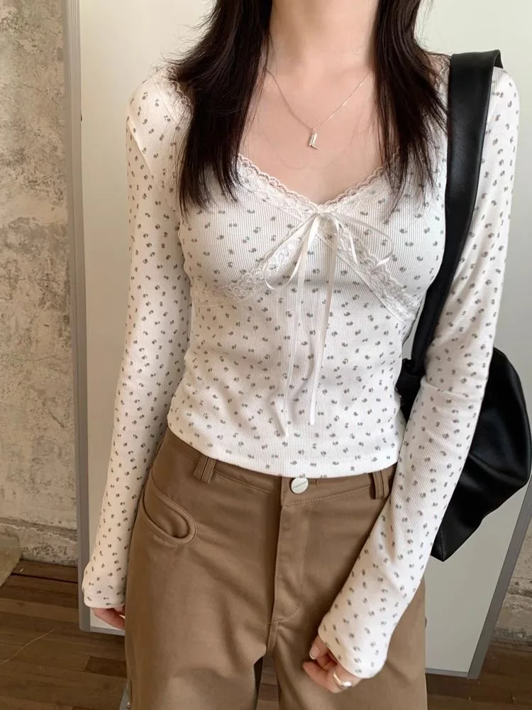 

Lace V-neck Long Sleeve T-shirt Floral Lace-Up Slim Fit Tees Short Sleeve T-shirt 2025 Spring Summer Women's Clothing