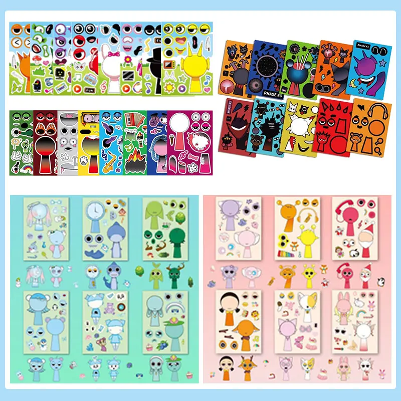 Jeux de dessin animé Sprunki autocollant de Puzzle drôle faire un visage décalcomanies jeu jouet dessin animé assembler Puzzle récompense cadeau de noël