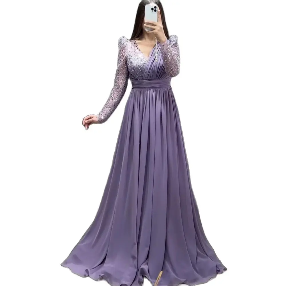 Sexy V-Neck A-Line Evening Dresses 2023 Women Pleated Sequined Long Sleeves Chiffon Wedding Guest Elegant Formal Party Gowns