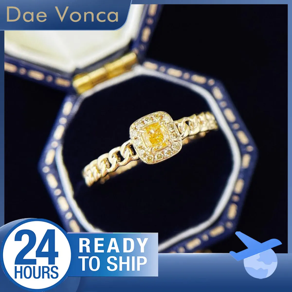 

Cushion Cut Diamond Ring 18K Yellow Gold Fancy Yellow Natural Diamond Ring Chain Link Shank Halo Diamond Ring For Engagement