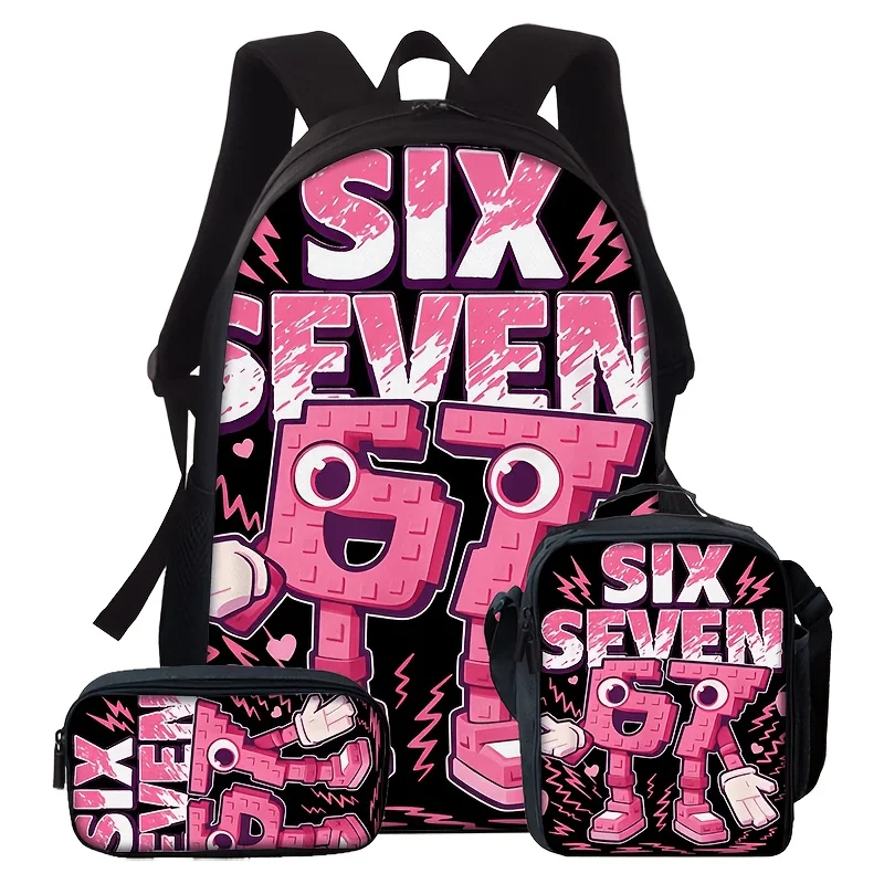 3pcs Cartoon Number 67 Backpack Set Fashion Printed School Bag Multifunctional Lightweight Large Capacity Travel Bag PerfectGift