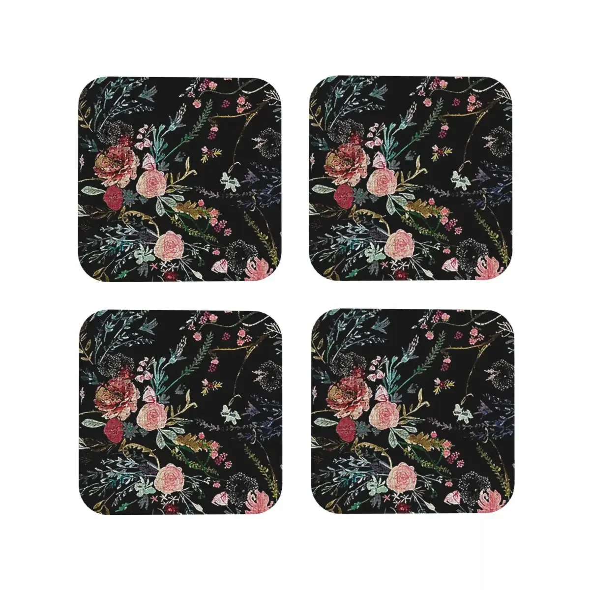 Midnight Floral Coasters Kitchen Placemats Non-slip Insulation Cup Coffee Mats For Decor Home Tableware Pads Set of 4