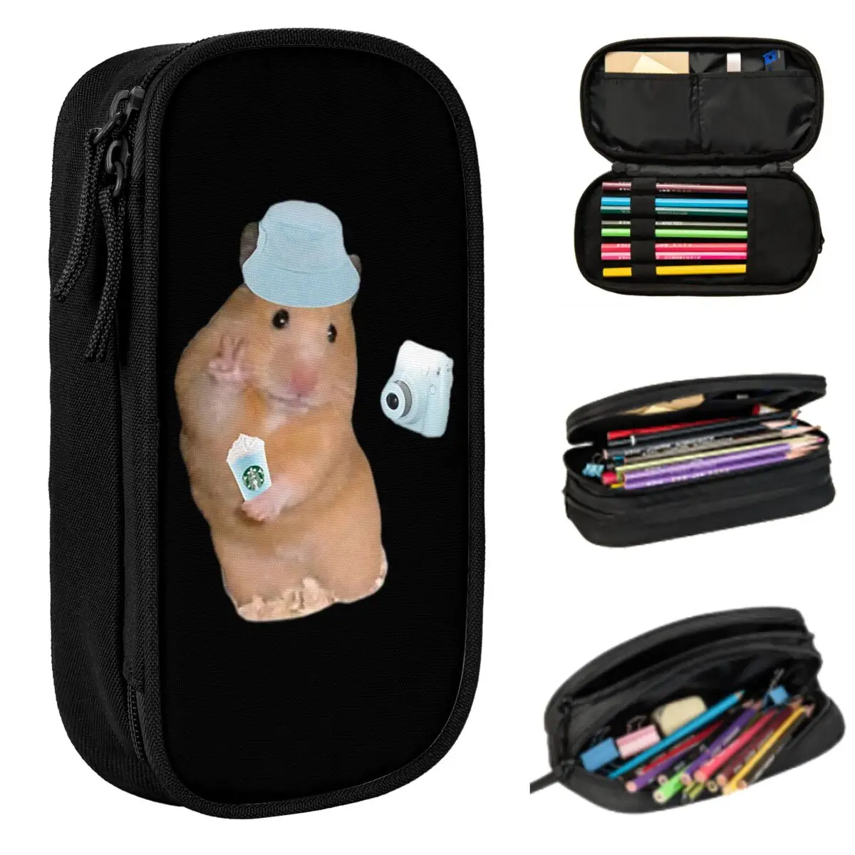 Peace Sign Hamster Meme With Camera Pencil Case for Studen School Pen Box Pencil Bag Stationery Supplies Pen Holder Bag
