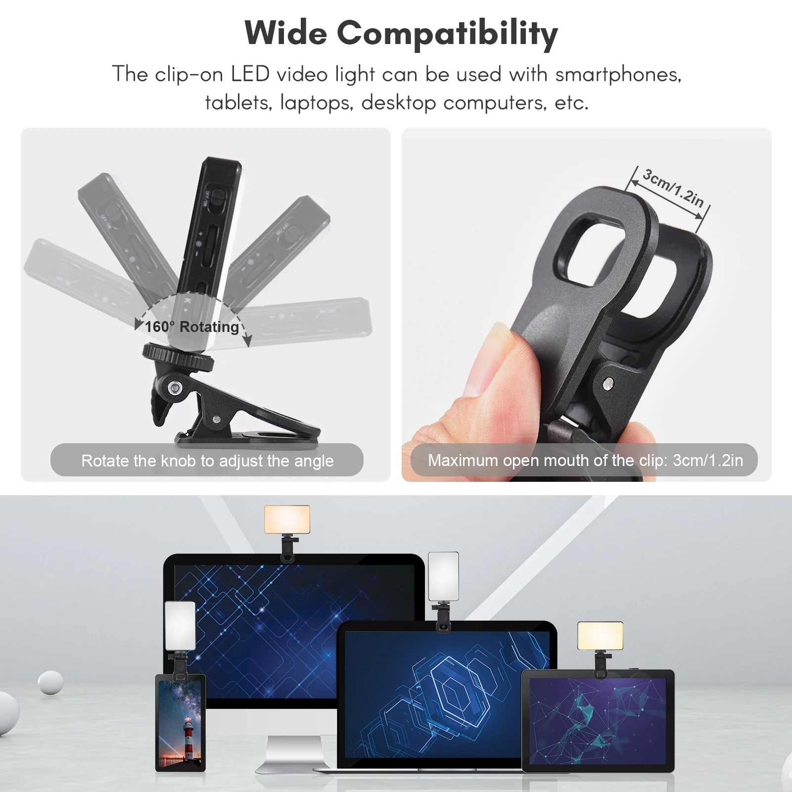 Portable Clip On Photo Light 2500K to 9000K Brightness Adjustable 12W LED Video Conference Fill Light for Computer Tablet Phone