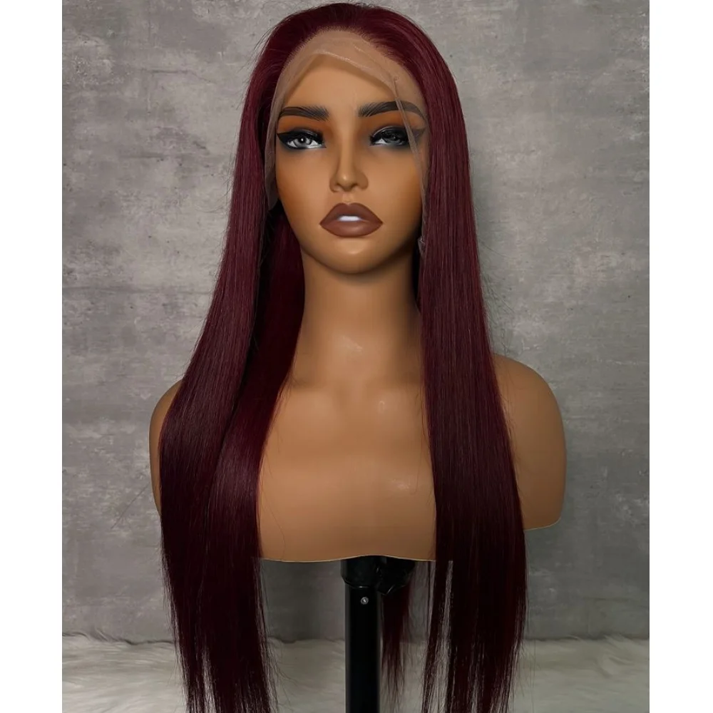 Wine Red 99j Long 26 Inch Straight Lace Front Wig 180Density Glueless Synthetic PrePlucked Daily Use