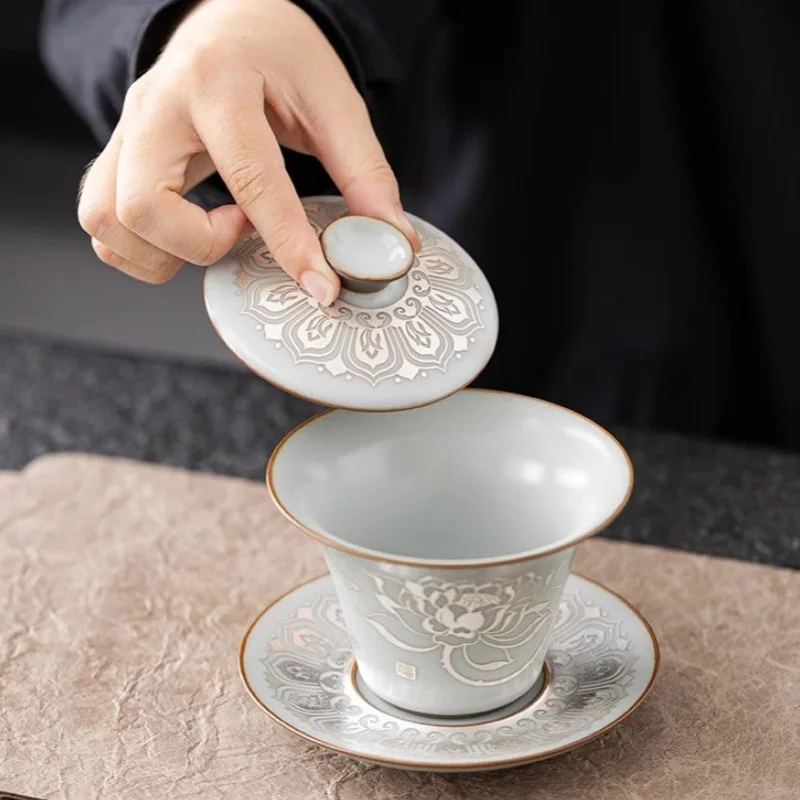 Ru Kiln Filigree Silver Ruyi Horseshoe Lid Bowl Kung Fu Tea Set Three-Talent Bowl Single Open Piece Can Be Used for Tea Brewing
