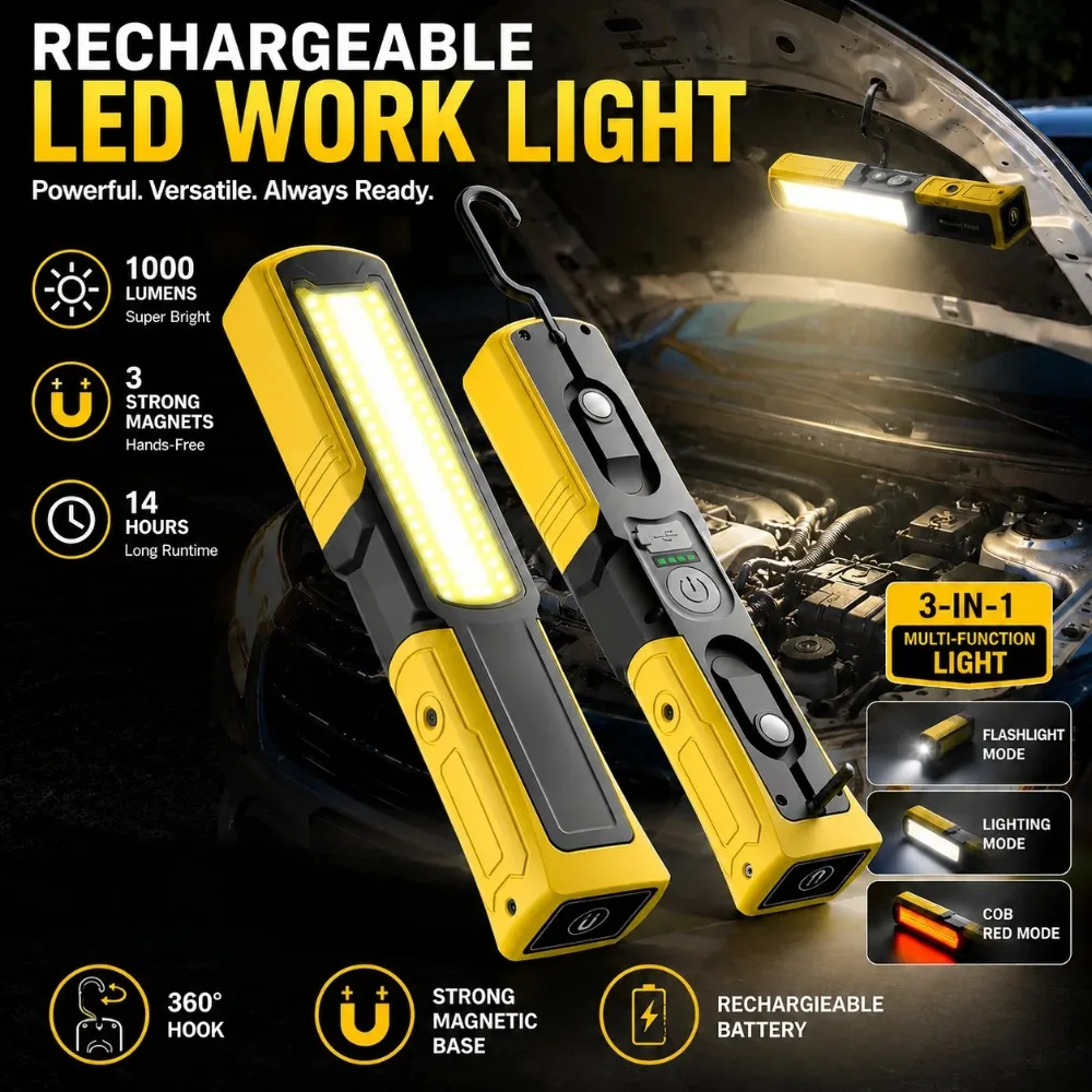 COB LED Magnetic Work Light Rechargeable Portable Waterproof Auto Repair Inspection Lamp For Car Maintenance Garage Emergency