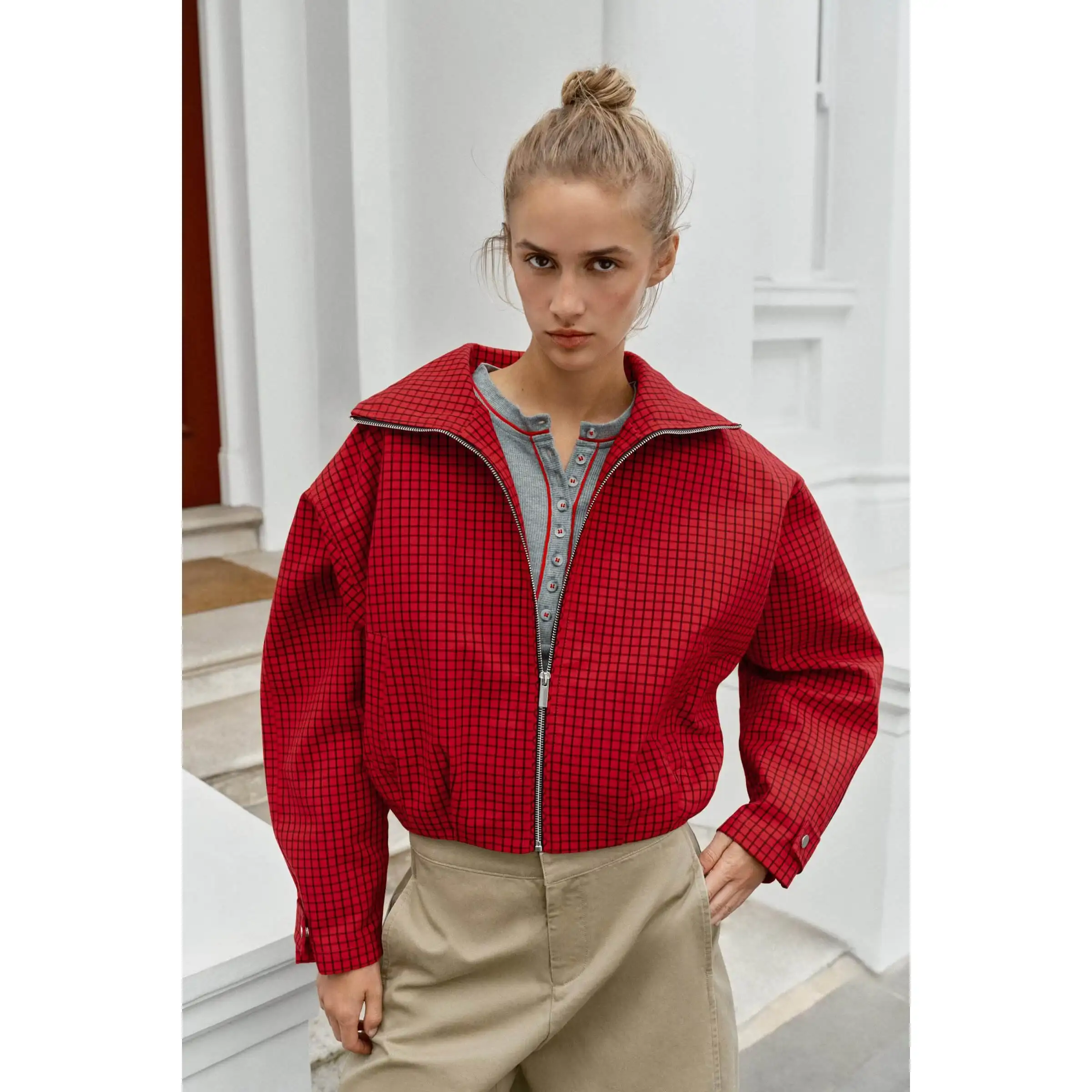Fashionable Plaid Pilot Jacket Women's Autumn Winter Short Outerwear Versatile Polyester Fiber Zipper Closure Stand Collar