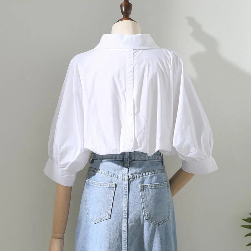 2024 Summer Women's Fashion White Simple Blouse Office Lady Business Casual Turn Down Collar Shirt Elegant 3/4 Sleeve Loose Tops