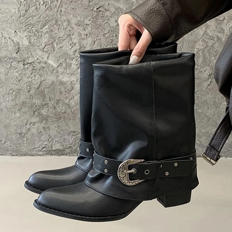 

Пряжка ремня, плиссированные женские ботильоны на массивном каблуке, осень-зима, короткие ботинки с острым носком в стиле вестерн, удобные рыцарские сапоги