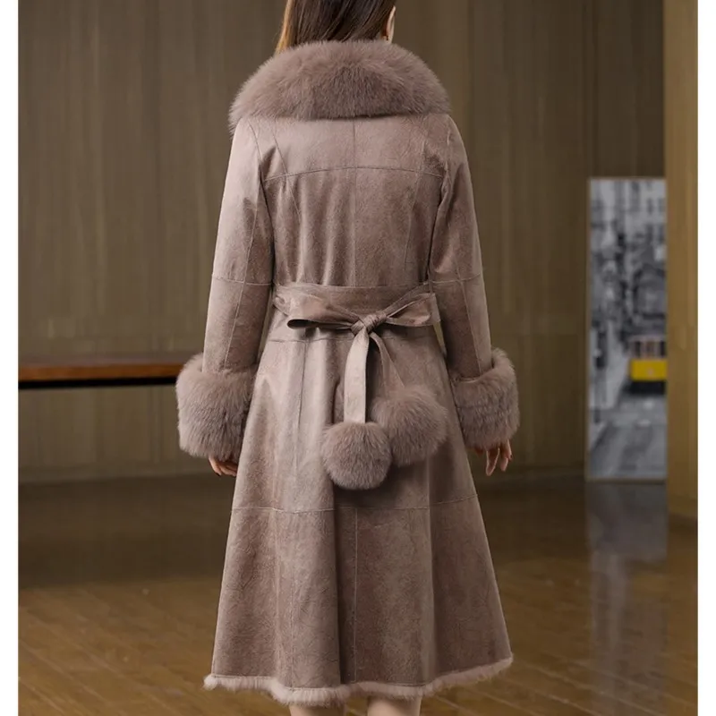 2022 New Double Face Rabbit Fur Coat Long with Fox Fur Collars Cuffs Women Winther Warm Fur Clothing Fashion Genuine Leather