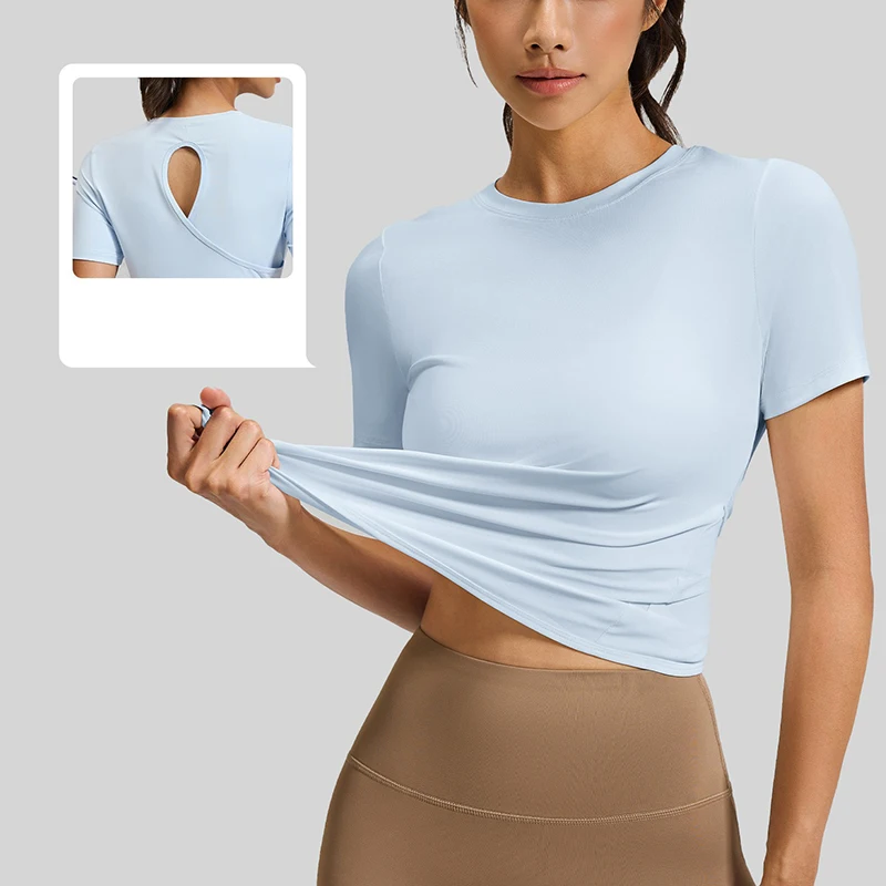 Women Cropped Cross-Back Cutout Yoga Top Naked Feeling Stretchy Breathable Short Sleeve Workout T-Shirt for Fitness Running
