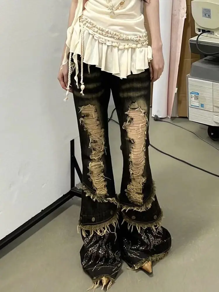 Jean évasé en détresse Y2k, Style japonais des années 2000, noir, Vintage, Punk, taille haute, pantalon en Denim, esthétique Grunge