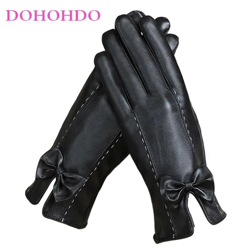

Fashion Bow Ladies Autumn And Winter Touch-screen Leather Gloves Thick Warm Cycling Driving Gloves Black Gloves Перчатки Женские