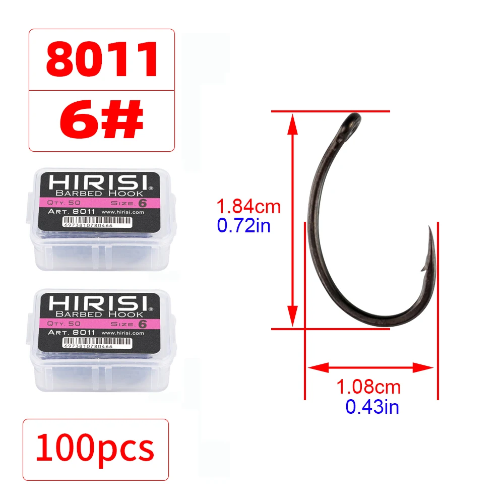Hirisi 50/100 Stück PTFE-beschichtete Karpfenangelhaken aus Stahl mit Widerhaken in Box 8011 Angelzubehör