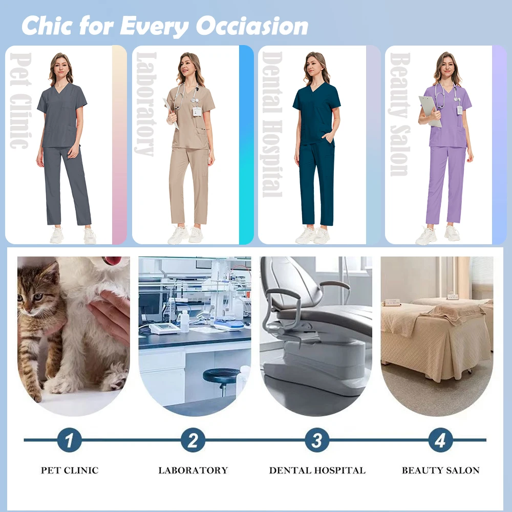 여성용 임상 유니폼 반팔 스크럽 상의 스트레이트 팬츠 세트 간호사 유니폼 병원 의료 액세서리 의사 작업복