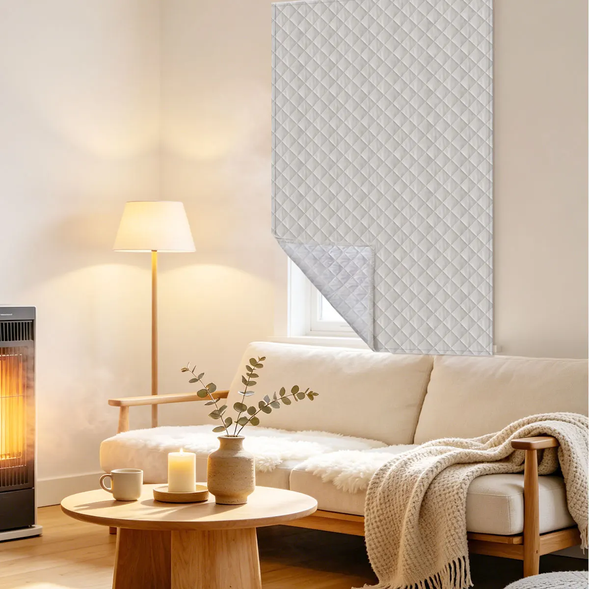 Thick Quilted Cotton Cold Proof Window Curtain, Self-Adhesive Magic Tape Light Filter Window Cover for Rental House Small Window