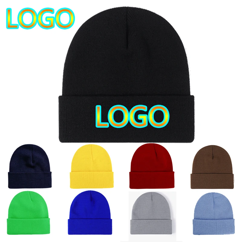 New Custom Logo Unisex Knitted Hat Outdoor Warm Men Solid Color Crimping Skullies Beanie Cap Hip Hop for Women Winter Ski Caps