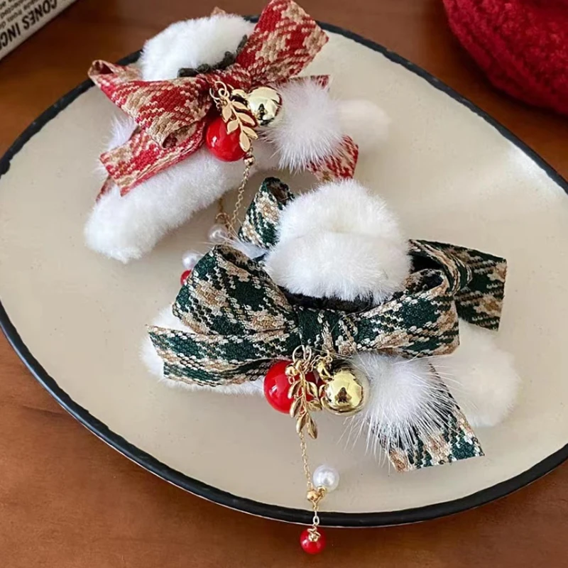 Pinzas para el pelo con lazo de felpa de Navidad para mujeres y niñas, horquilla con borla de campana bonita, accesorios para el pelo para fiesta de año nuevo, decoración de moda