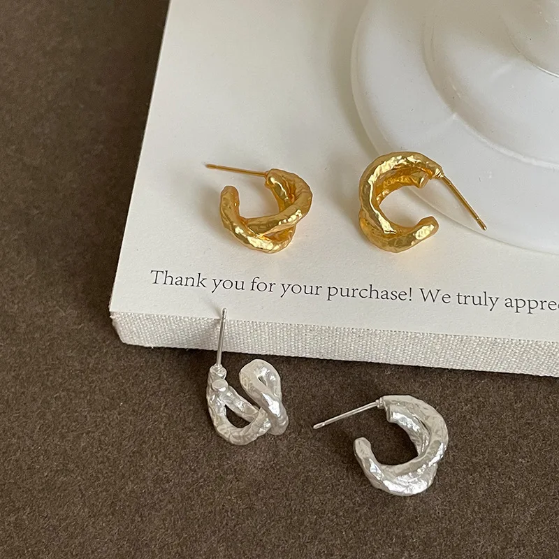 Minar Delicate Hammer Tone Drape Texture Metallic Crossed Double C Shape Stud Earrings for Women  Real Gold Silver Plated Copper