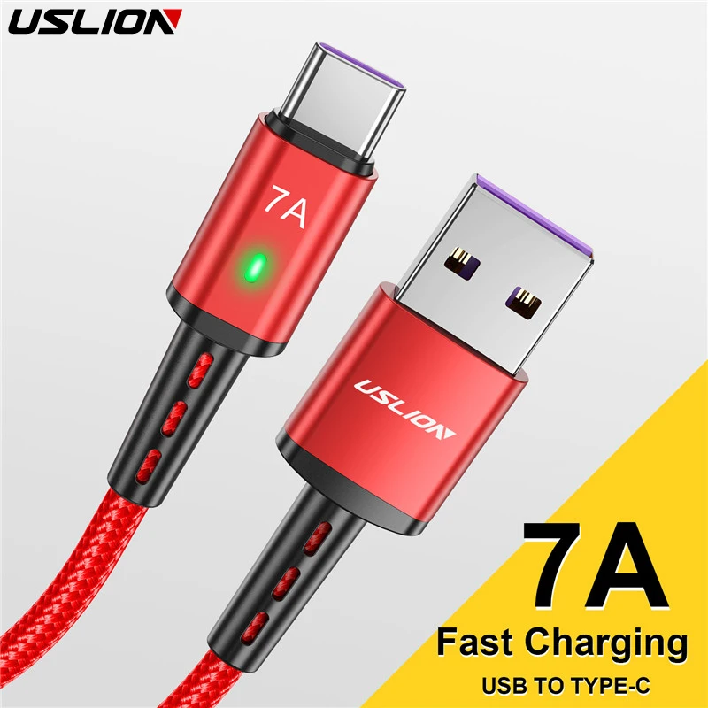 USLION 7A 100W USB Type C Cable USB C Mobile Phone Fast Charging USB Charger Cable for Samsung Huawei Xiaomi Type-C Data Cord