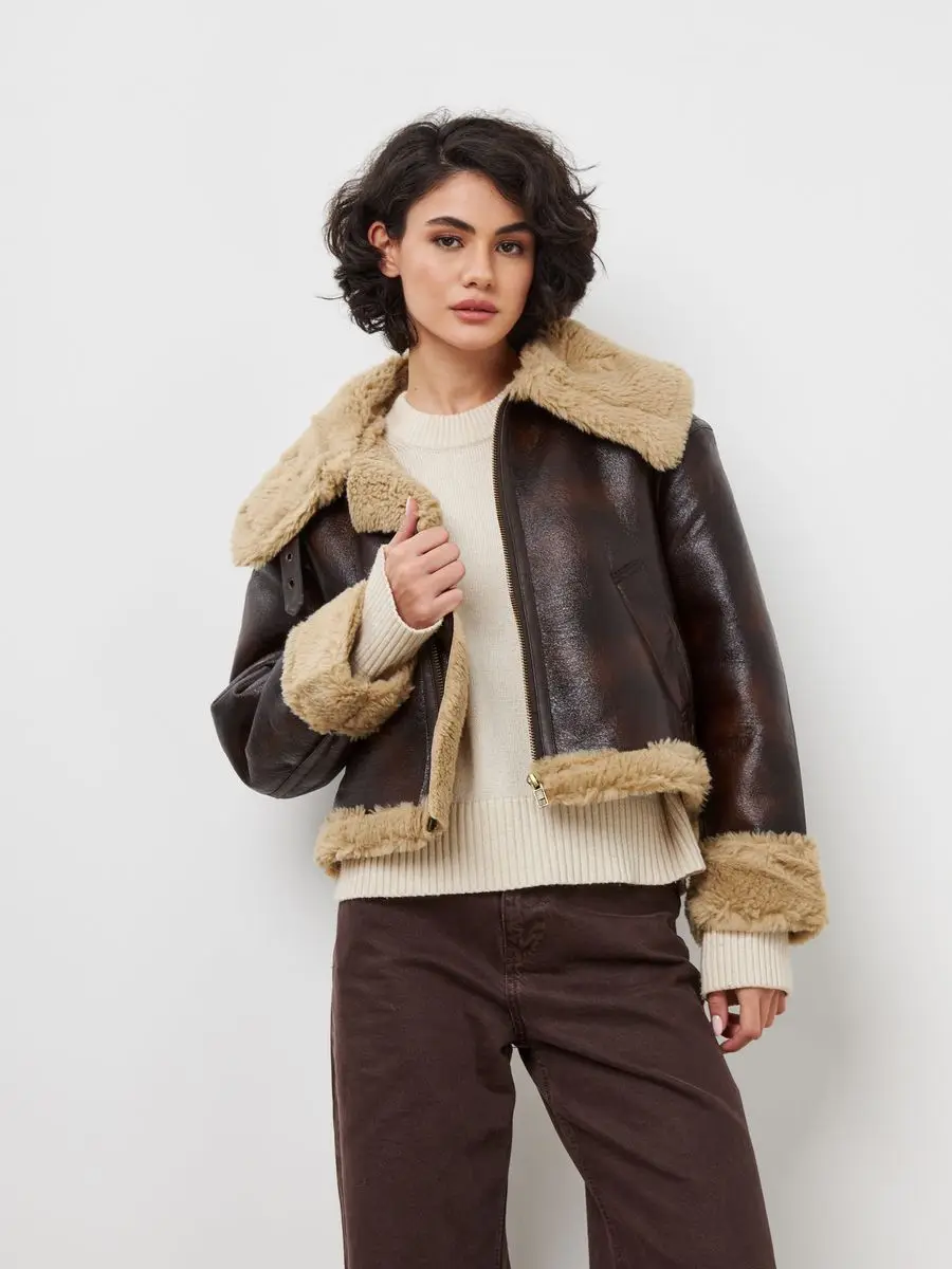 High Street Motorradjacke Fitaylor Winter Damen Kunstpelz Leder Revers Reißverschluss Mantel