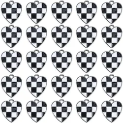 30Pcs Checkered Charms Bulk Black and White Heart Charm Metal Enamel Hearts Love Chic Flag Charms for Jewelry Making Charms