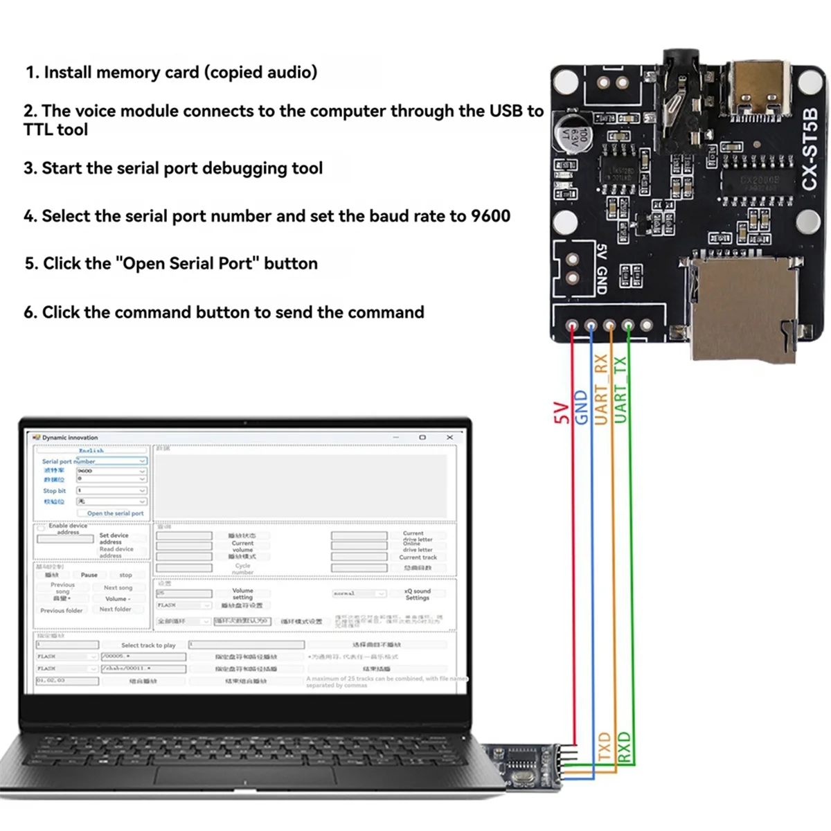 CCDD CX-ST5B พอร์ตอนุกรม MP3 ชิปเสียงโมดูล Voice Broadcast โมดูลเสียงที่กําหนดเองชิปตัวเดียวควบคุมทริกเกอร์ชุดเสียง
