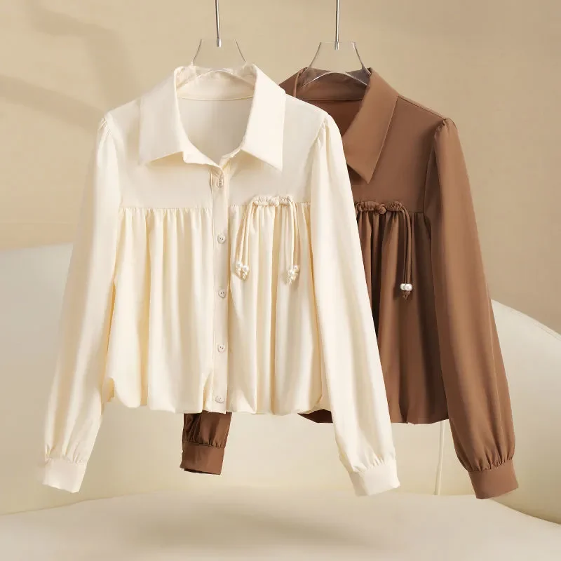 

New Chinese Women's Chinese Style Shirt Short Design Puff Sleeve Chic Top Waist-closed Long Sleeves