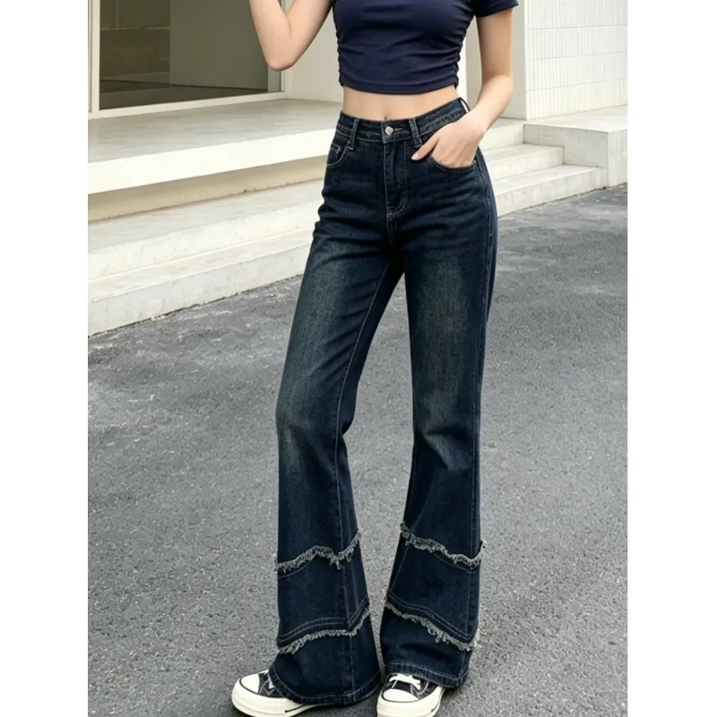 European  American Women's Jeans Trendy High-street Patchwork Fringed Style Slimming Elegant Elastic Slightly Flared Long Pants.