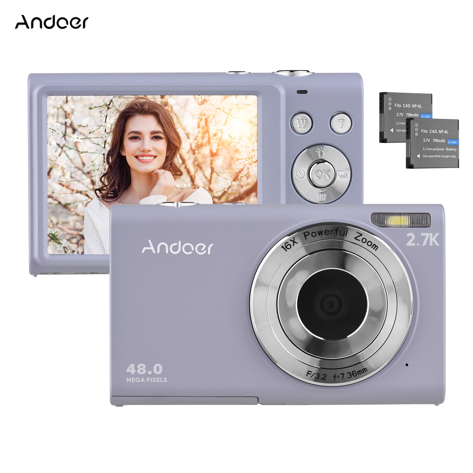 

Andoer 2.7K Digital Camera Mini Video Camcorder 48MP AF 2.88" IPS Screen 16X Zoom Anti-shake Face Detact for Kids Teens