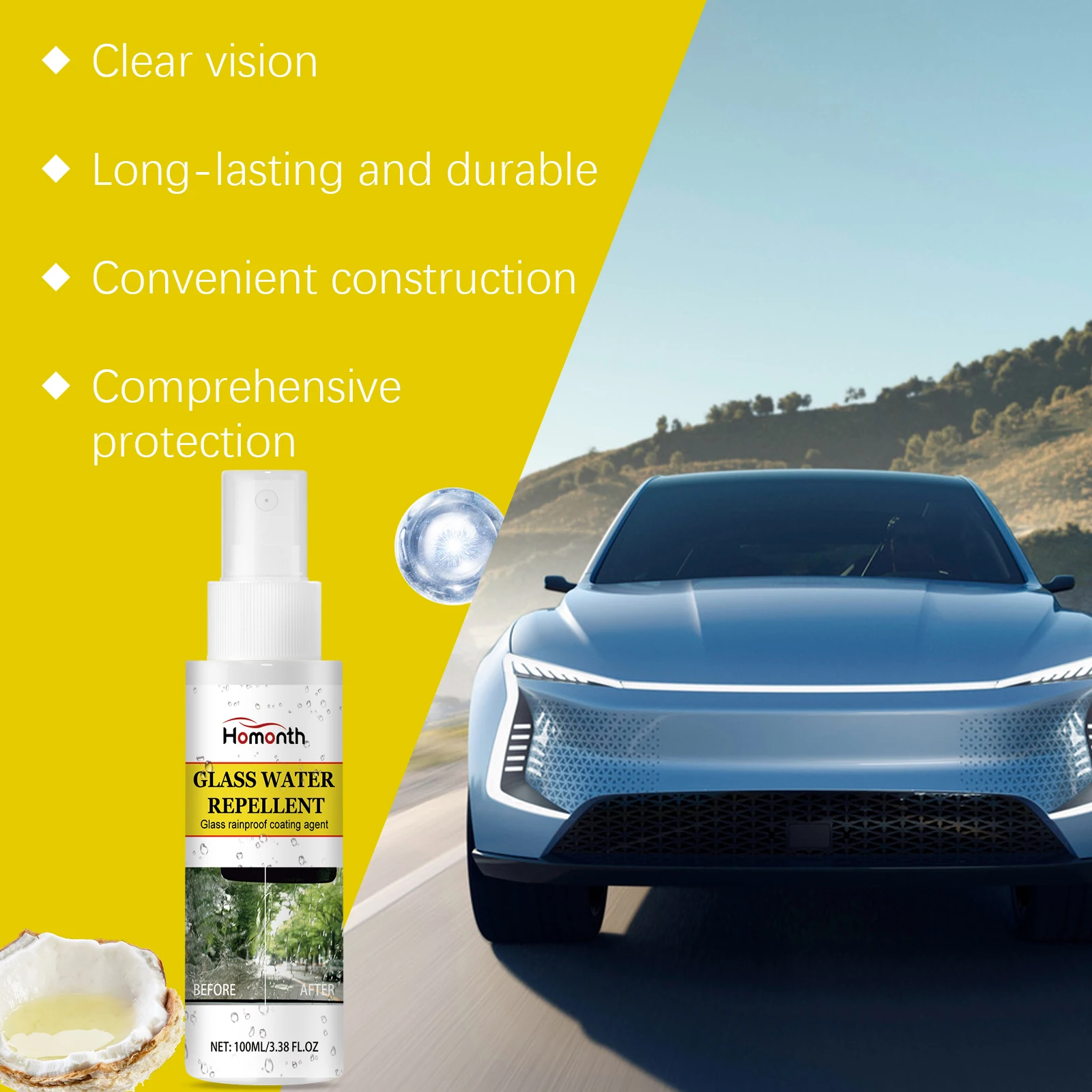 Homonth Automotive Glass Rain-Repellent and Anti-Fog Cleaning Coating Agent, Windshield Cleaner and Rain Fog Preventive Spray fo