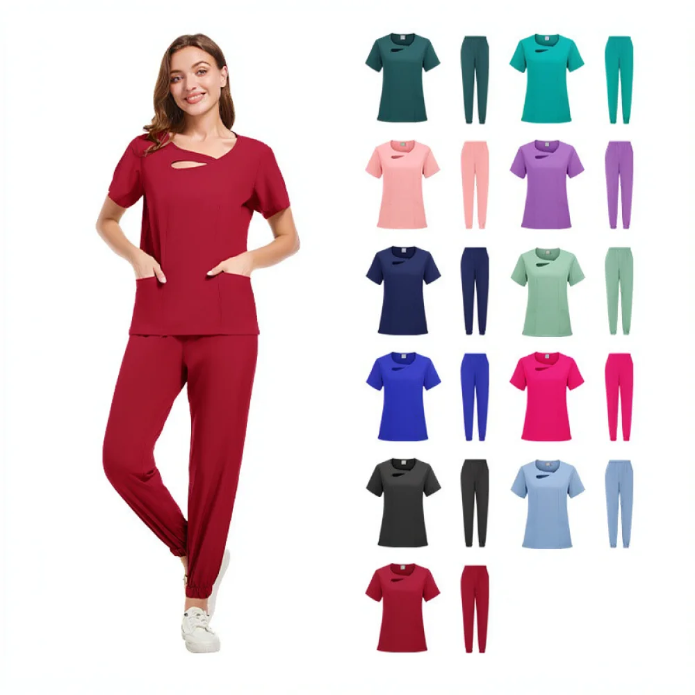 For For HZMNOI Unisex Scrub Uniform Short Sleeve V Neck Medical Suit Elastic Breathable Work Clothes Dental Pet Hospital
