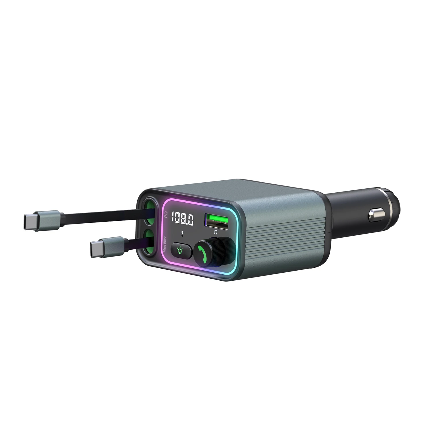 

Bluetooth car charger Multi-function charger Convenient to use Type-C with digital display with retractable cable