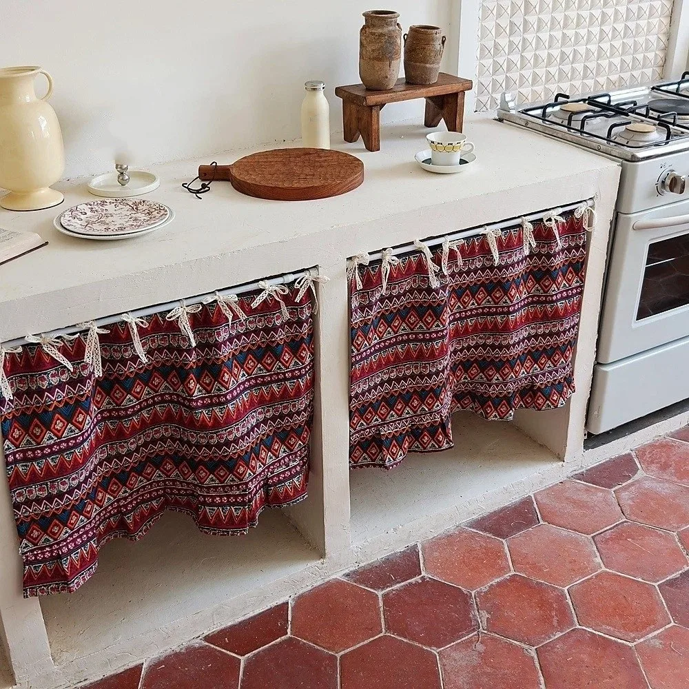 Vintage Kitchen Oven Skirt Dust Proof Lace Strap Short Curtain Light Blocking Leaf Pattern Room Partition Curtain Bedroom Decor