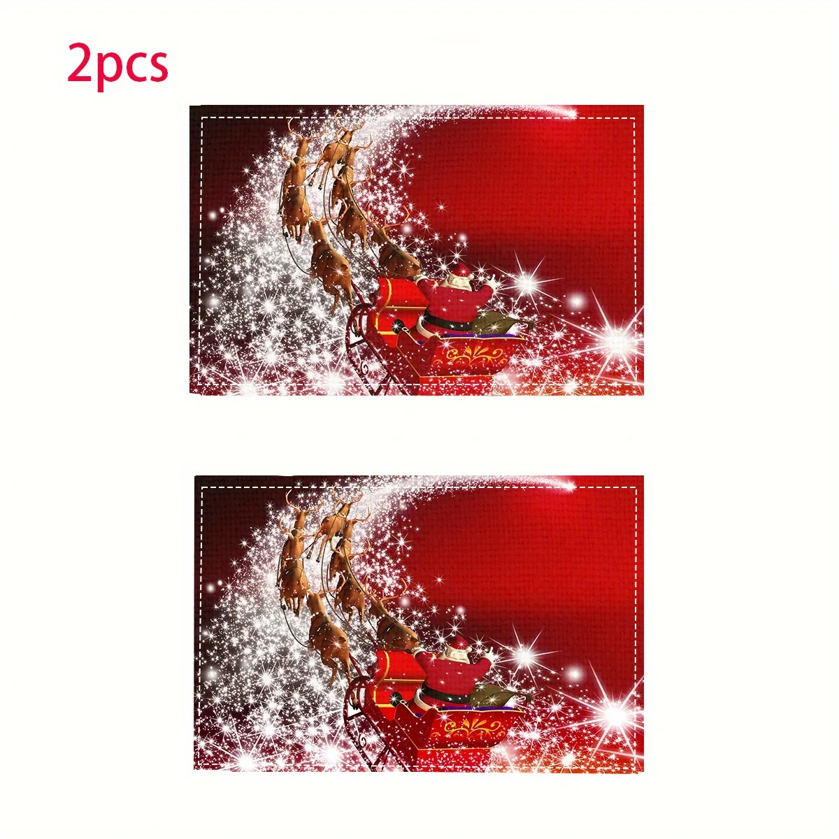 Christmas Placemats Set Santa Sleigh Cushion 2Pcs Linen Reindeer Flying Pattern Red Gold Kitchen Dining Table Decor