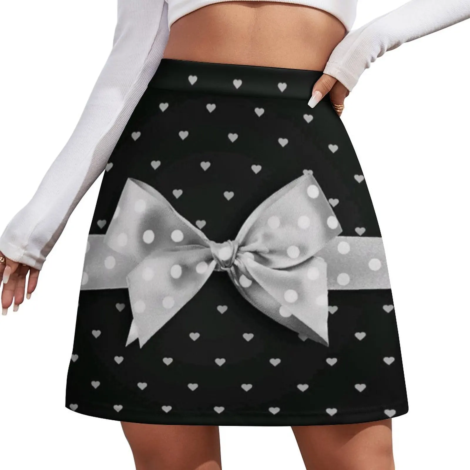 

Cute White Bow Tie with Heart Black Background Mini Skirt dress women summer short skirt