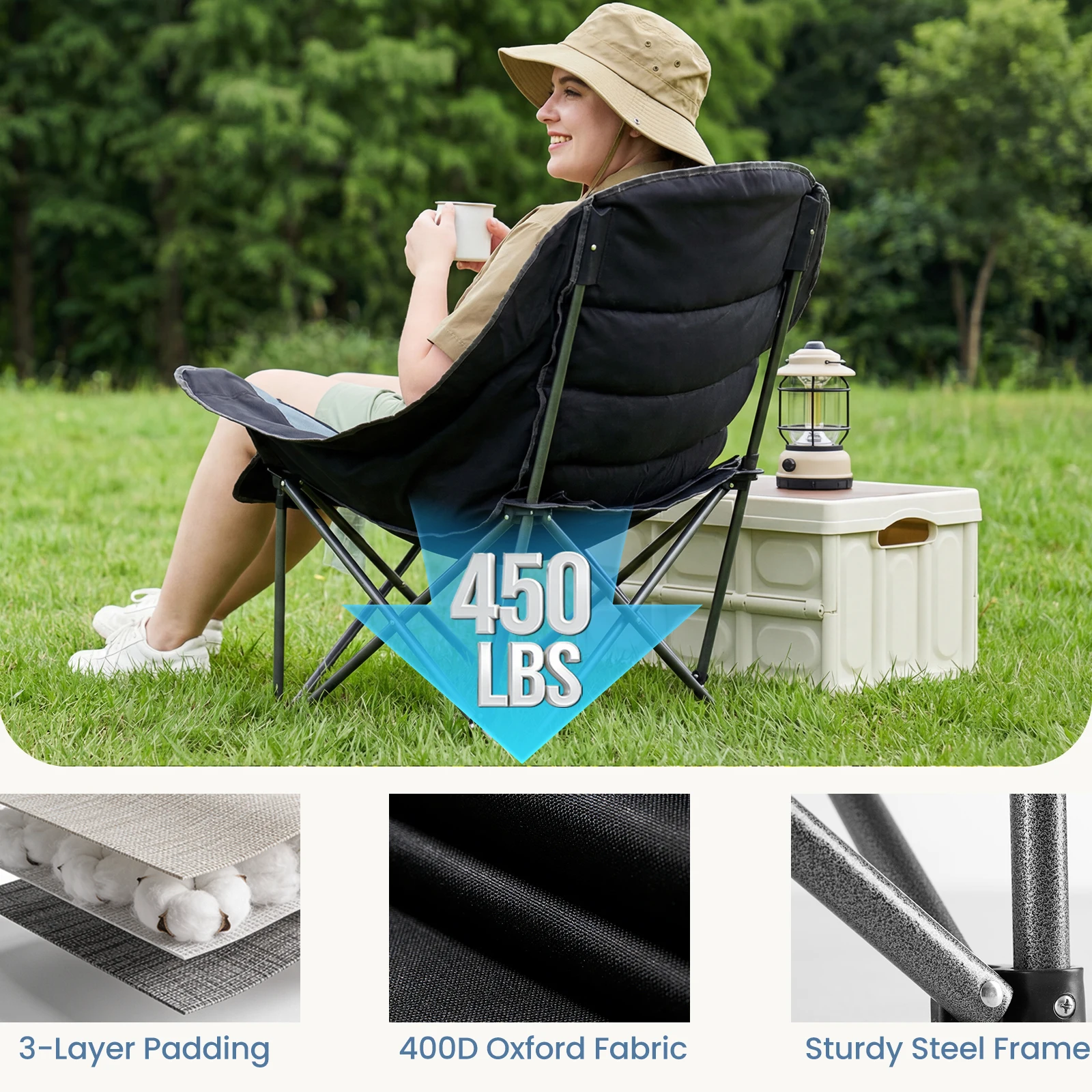 JHK 450lbs Oversized Camping Chair Folding Chair with Cup Holder Padded Armrests Sturdy Steel Frame Outdoor Picnic Chair image 5
